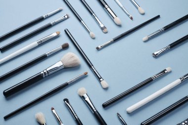 Farklı boyutlarda beyaz ve siyah renkte makyaj veya çizim için fırçalar mavi arkaplanda farklı yönlere yatar.