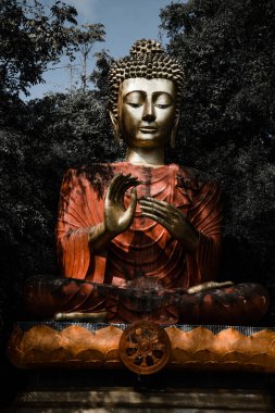 Tayland, Phuket - 2019. Wat Tham Ta Pan. Bahçedeki Buda heykeli, bir eli havada, meditasyon yapıyor..