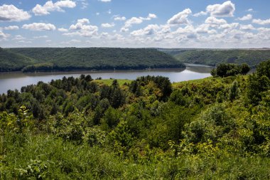 Dinyester Nehri'nin dar su şeridi, yeşil ormanlarla kaplı kıyıların yüksek tepeleri arasında sıkışmıştır. Gökyüzü beyaz bulutlarla kaplı. Yaz manzarası. Ukrayna.