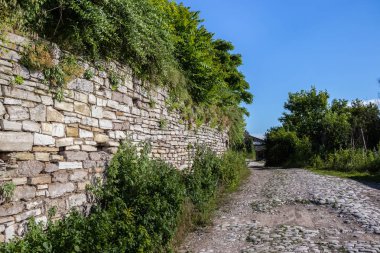 Yeşilliklerle kaplı eski bir taş duvarın yanından geçen eski taş döşeli bir yol. Kamianets-Podilskyi, Ukrayna.