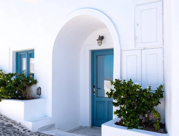 Blue Door Blue Window Traditional White Greek House Santorini Island — Stock Photo, Image