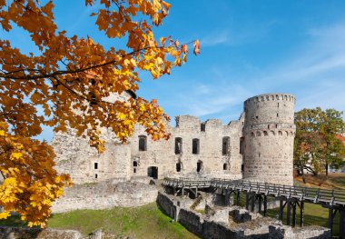 Şehirde Cesis, Letonya Ortaçağ kale kalıntıları ile sonbahar park