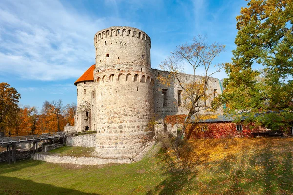 Parque Outono Com Ruínas Castelo Medieval Cidade Cesis Letônia — Fotografia de Stock