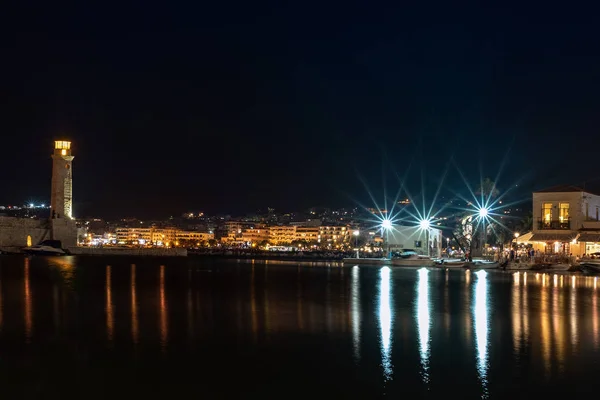 Vista Nocturna Del Puerto Rethymno Isla Creta Grecia —  Fotos de Stock