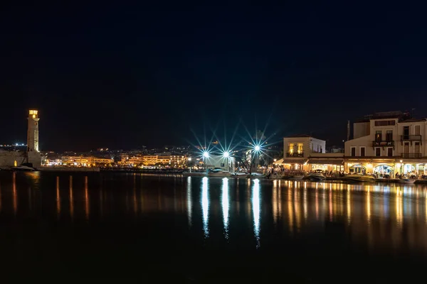 Vue Nuit Port Rethymno Sur Île Crète Grèce Images De Stock Libres De Droits