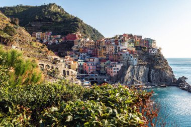 Manarola kasabası, Cinque Terre Milli Parkı, Liguria, Italya köyünde panoramik görünüm