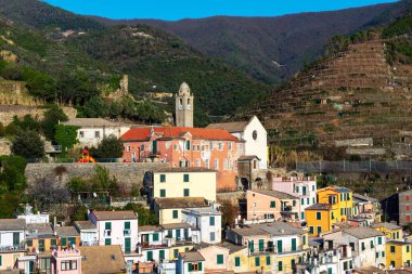 Cinque Terre Milli Parkı 'nda Manarola kasabasının dağ mimarisi, Italya