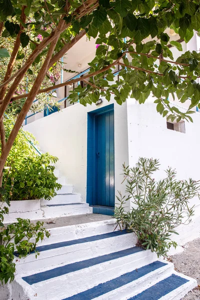 Tradiční Řecké Schody Modrými Dveřmi Pozadí — Stock fotografie