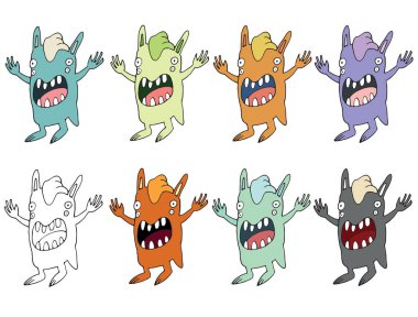 Komik karikatür renkli el karalama canavar yabancılar tavşan çizmek yapılan yazmak