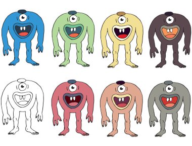 Komik karikatür renkli el karalama canavar yabancılar cyclops çizmek yapılan yazmak