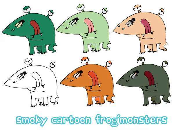 Divertente cartone animato colorato scrivere mano fatto disegnare doodle mostro alieni rana — Vettoriale Stock