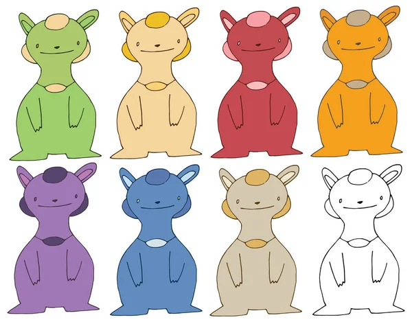 Stampa cartone animato doodle mostro colore set coniglio mano disegnare — Vettoriale Stock