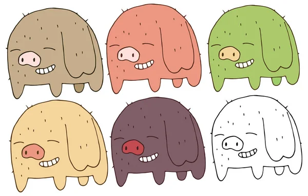 Print cartoon doodle color set pig hand draw happy monster — Stock Vector