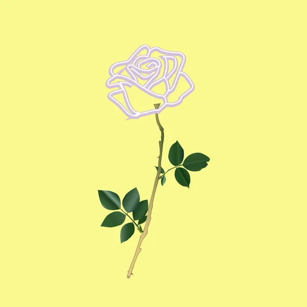 粉红色的霓虹灯玫瑰标志与天然茎和叶子 最小花的概念 柔和的黄色背景 — 图库照片