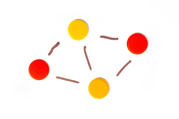 Eenvoudig Klein Gedecentraliseerd Netwerk Met Vier Cirkelknooppunten Verbindingen Vereenvoudigd Minimalistisch — Stockfoto