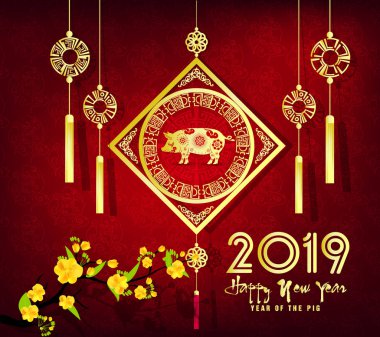 Yaratıcı Çin yeni yılı 2019 davetiye. Yıl domuz. Çince karakterler mutlu yıllar demek