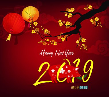 Yaratıcı Çin yeni yılı 2019 davetiye. Yıl domuz. Çince karakterler mutlu yıllar demek