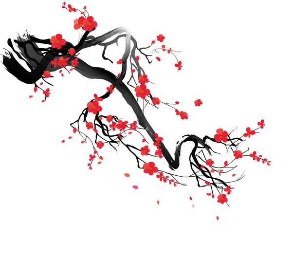 Suluboya sakura çerçeve. Çiçeği kiraz ağacı dalları ile arka plan. El Japon çiçek arka plan çekilmiş