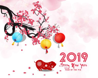 Mutlu yeni yıl 2019. Chienese yeni yıl, yıl domuz. Kiraz çiçeği arka plan
