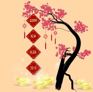 Mutlu çene yeni yıl 2019, yıl domuz. Ay yeni yıl. Çince karakterler mutlu yıllar demek 