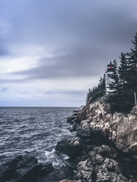 lonely lighthouse on a mountain in the woods on the shore