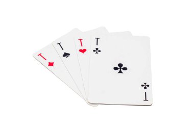 Farklı suit kartları Aces bir fan gibidir. Elmaslar, kalpler, maça, kulüpler beyaz arka planda. Yalıt