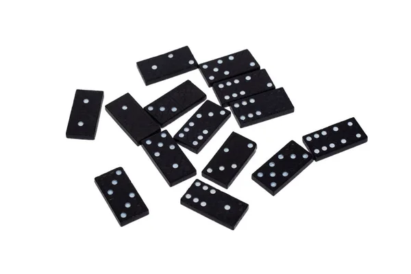 Svarta Domino Chips Med Olika Vita Siffror Utspridda Vit Bakgrund — Stockfoto
