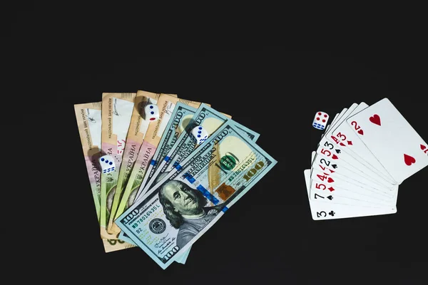 View View Large Notes Dollars Hryvnia Black Background Money Dices — Stock Photo, Image