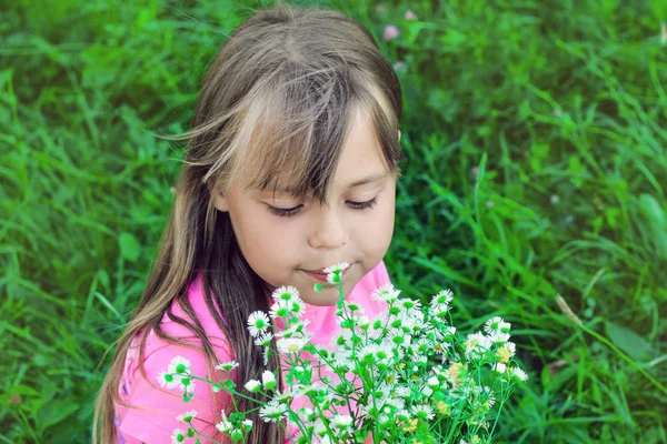 Ittle Dziewczyna Przepływających Włosów Wącha Wildflowers Dziewczyna Parku Zielonej Trawie — Zdjęcie stockowe