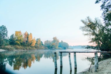 nehir üzerinde sonbahar manzara. Sis. Suda sarı ağaçların yansıması
