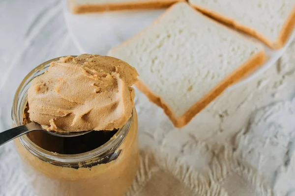Manteiga Amendoim Grossa Frasco Close Comida Saudável — Fotografia de Stock