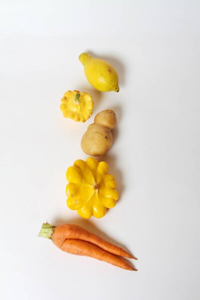 Trendy Ugly Organic Food Fruits Vegetables (Potato, Carrot, Bush Pumpkin, Lemon) Isolated On White. 