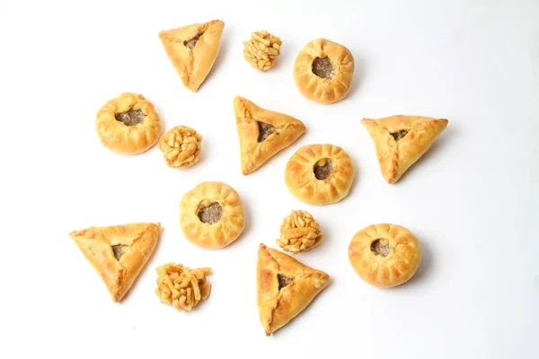 Geleneksel Tatar Gıda Echpochmak, Peremech, Chak Chak Beyazda İzole Edildi. Üst Manzara. Desen.