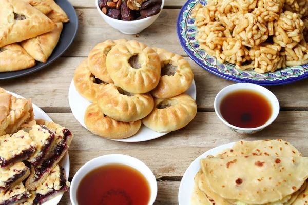 stock image Traditional Tatar Food. Peremech In Middle Of The Centre Of Wooden Table. Top View, Flat Lay.