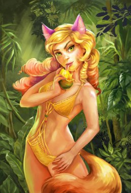 bir tilki kız bir somun yeme Illustration