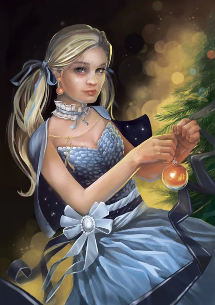 Illustratie van een meisje in een jurk versieren een kerstboom — Stockfoto
