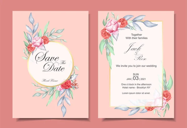 Ensemble Invitation Mariage Ornement Floral Aquarelle Cadre Doré Avec Concept — Image vectorielle