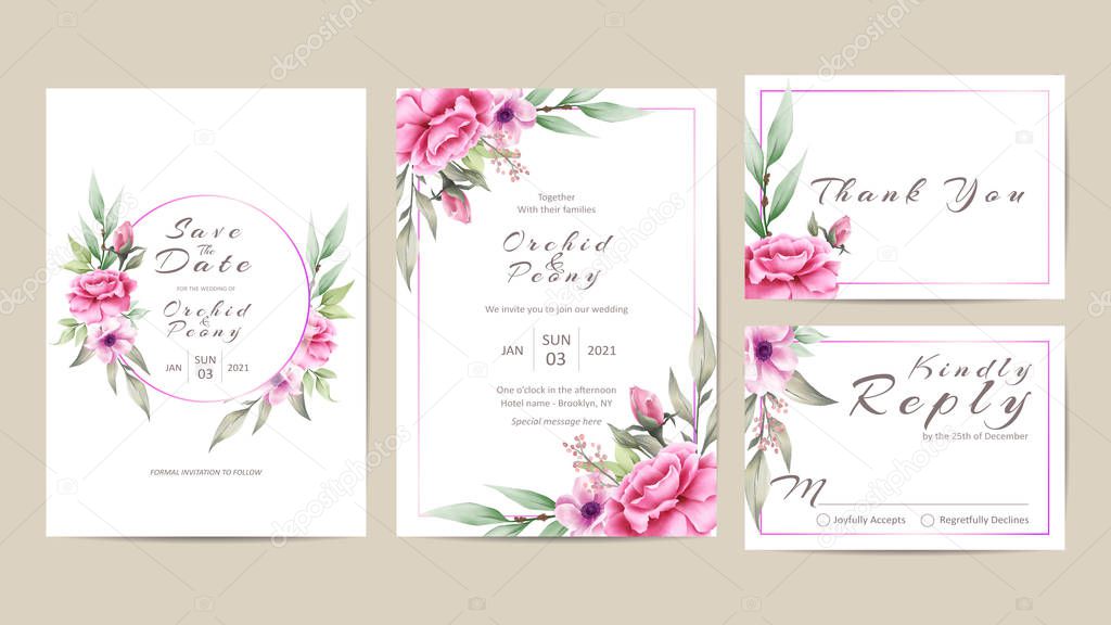 Wedding Invitation Template Set of Watercolor Flowers