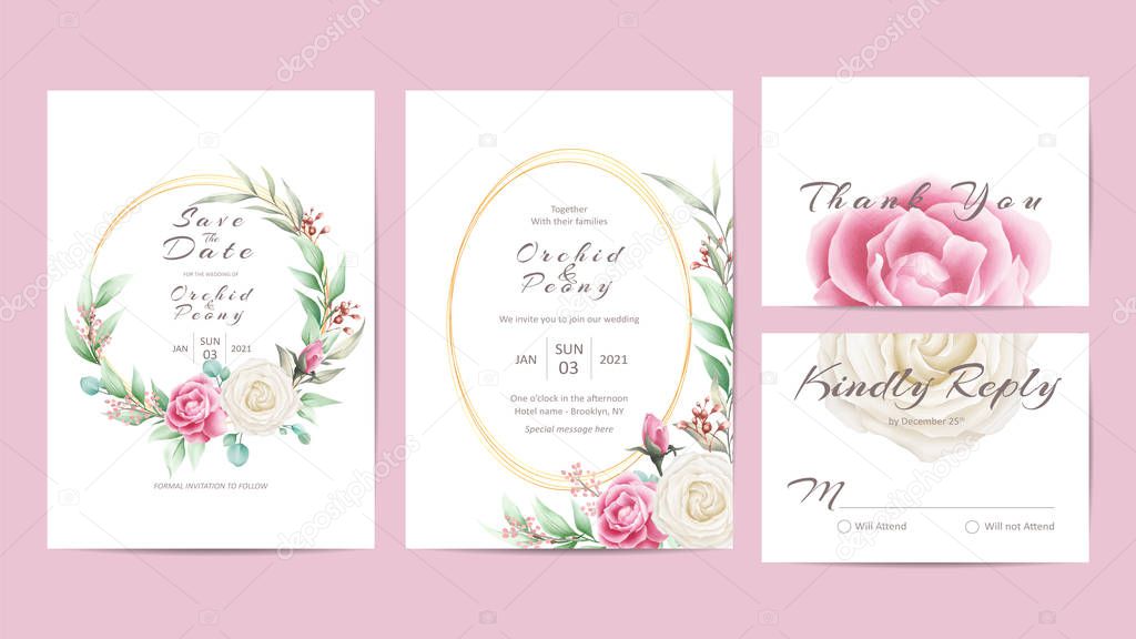 Elegant flowers wedding invitation cards template set