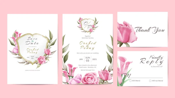 Creative Blommor Bröllop Inbjudningskort Mall Set — Stock vektor