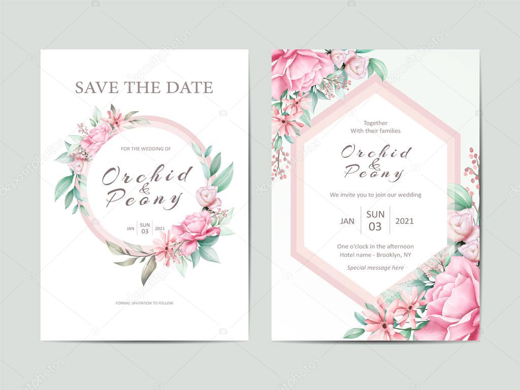 Beautiful flowers wedding invitation cards template set