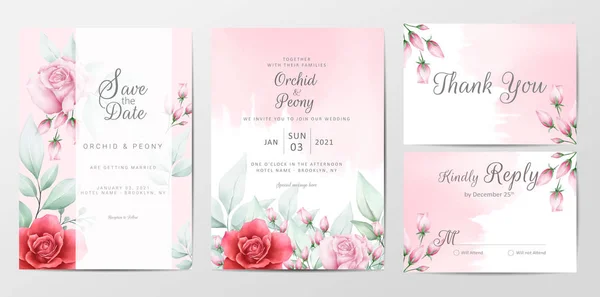 Modelo de cartões de convite de casamento floral com fundo aquarela —  Vetores de Stock