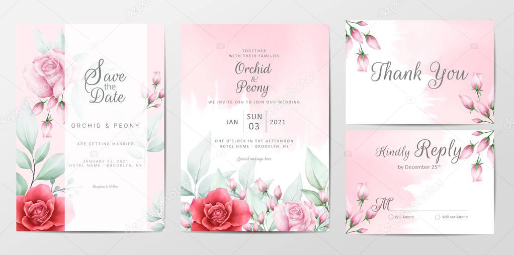 Floral wedding invitation cards template with watercolor background