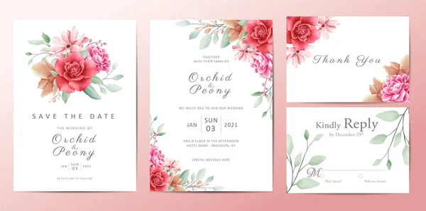 Bröllop Inbjudningskort Mall Uppsättning Romantiska Blommor Bukett — Stock vektor