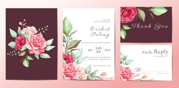 Bröllop Inbjudningskort Mall Uppsättning Vackra Blommor Bukett — Stock vektor