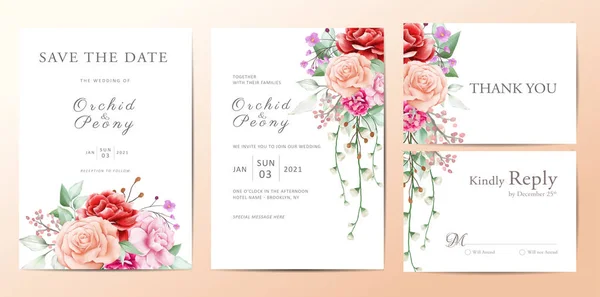 Bröllop Inbjudningskort Mall Uppsättning Romantiska Blommor Bukett — Stock vektor