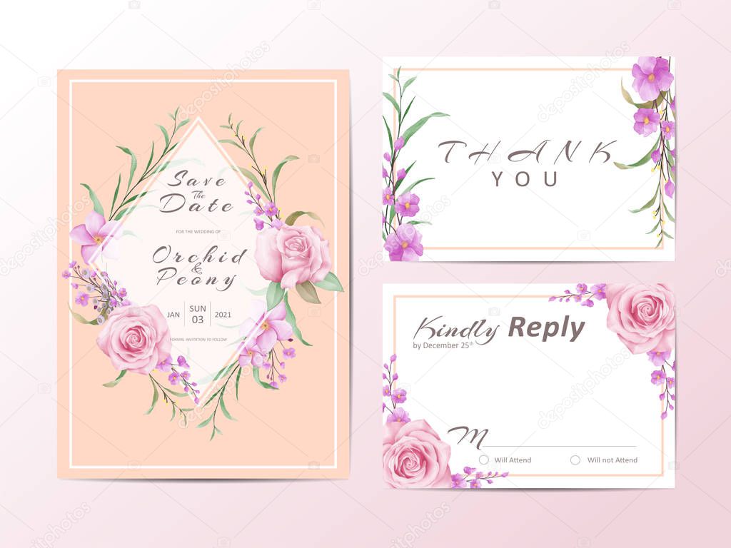 Wedding invitation cards template set with flowers illustration
