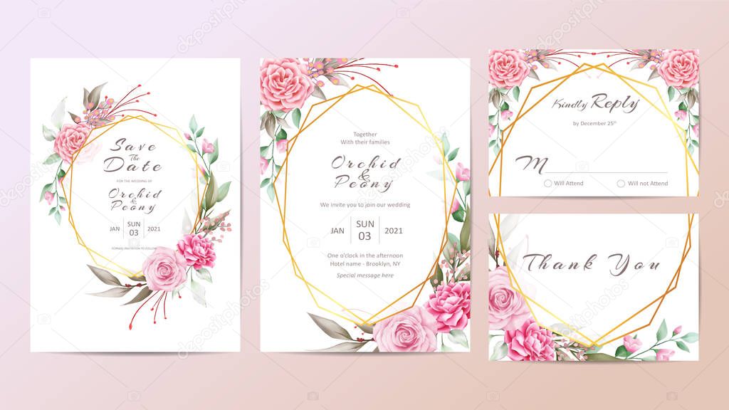 Wedding invitation cards template set of romantic watercolor flowers