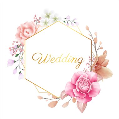 Çeşitli çiçekler illüstrasyon ile modern geometrik çiçek çerçeve. Düğün veya tebrik kartları kompozisyonu için tamamen değiştirilebilir vektör