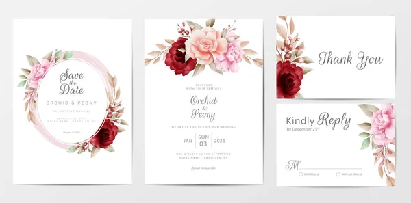 Modelo Cartões Convite Casamento Elegante Definido Com Decoração Flores Aquarela — Vetor de Stock